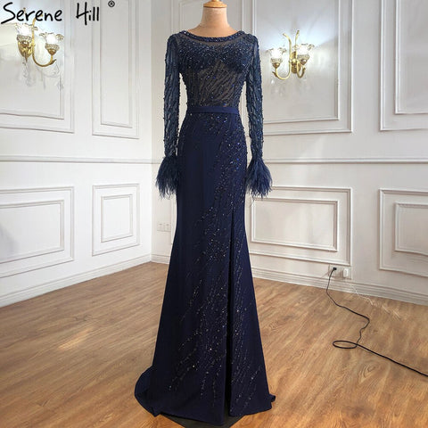 Luxury Muslim Navy Blue Evening Dresses Gowns 2025 Elegant Meramaid Beading Feathers For Women Party  LA70978