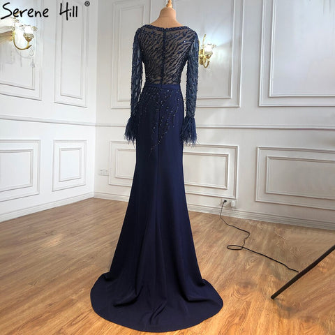 Luxury Muslim Navy Blue Evening Dresses Gowns 2025 Elegant Meramaid Beading Feathers For Women Party  LA70978