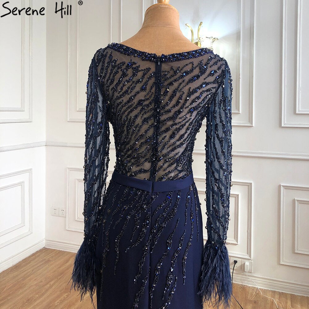 Luxury Muslim Navy Blue Evening Dresses Gowns 2025 Elegant Meramaid Beading Feathers For Women Party  LA70978