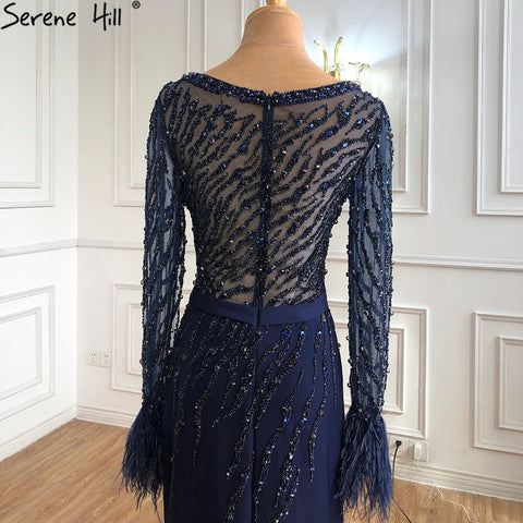 Luxury Muslim Navy Blue Evening Dresses Gowns 2025 Elegant Meramaid Beading Feathers For Women Party  LA70978
