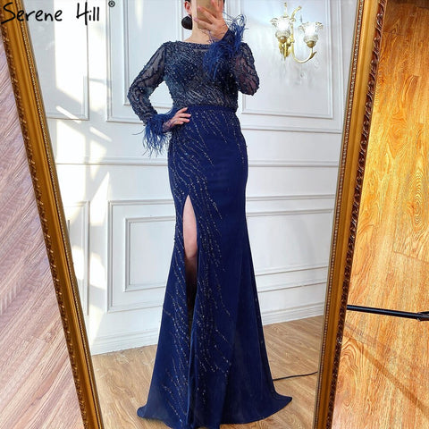 Luxury Muslim Navy Blue Evening Dresses Gowns 2025 Elegant Meramaid Beading Feathers For Women Party  LA70978