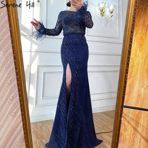 Luxury Muslim Navy Blue Evening Dresses Gowns 2025 Elegant Meramaid Beading Feathers For Women Party  LA70978
