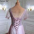 Luxury Pink A-Line Evening Dresses Gowns 2025 Beaded Short Sleeves Lace Up For Women Party LA70840