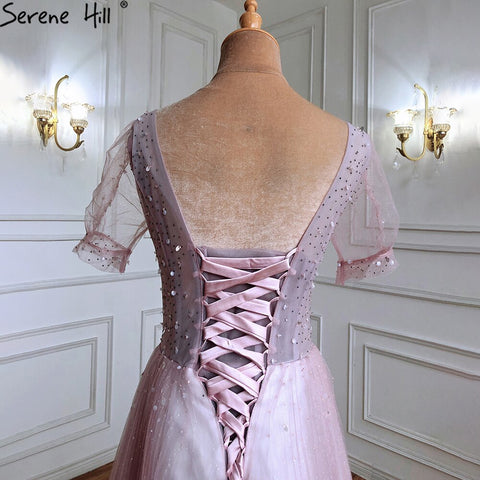 Luxury Pink A-Line Evening Dresses Gowns 2025 Beaded Short Sleeves Lace Up For Women Party LA70840