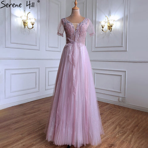 Luxury Pink A-Line Evening Dresses Gowns 2025 Beaded Short Sleeves Lace Up For Women Party LA70840