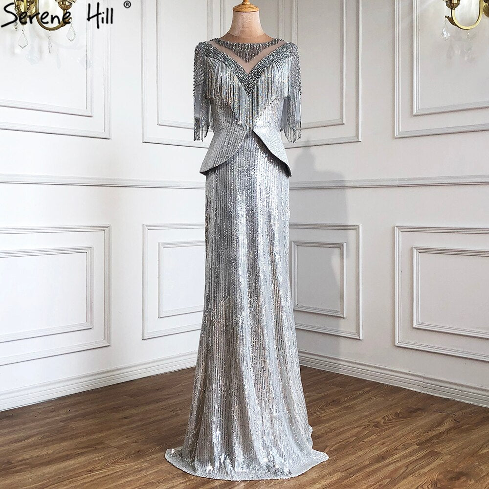Sale Luxury Silver Mermaid Evening Dresses Gowns 2025 Elegant Half Sleeves Beading Tassel For Women Party LA71017