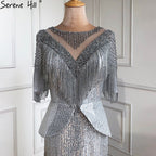 Sale Luxury Silver Mermaid Evening Dresses Gowns 2025 Elegant Half Sleeves Beading Tassel For Women Party LA71017