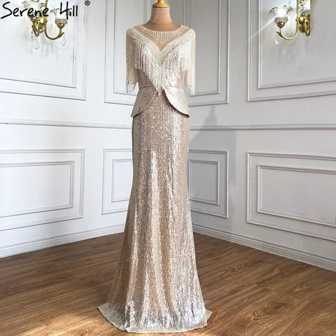 Sale Luxury Silver Mermaid Evening Dresses Gowns 2025 Elegant Half Sleeves Beading Tassel For Women Party LA71017