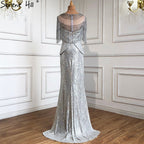 Sale Luxury Silver Mermaid Evening Dresses Gowns 2025 Elegant Half Sleeves Beading Tassel For Women Party LA71017