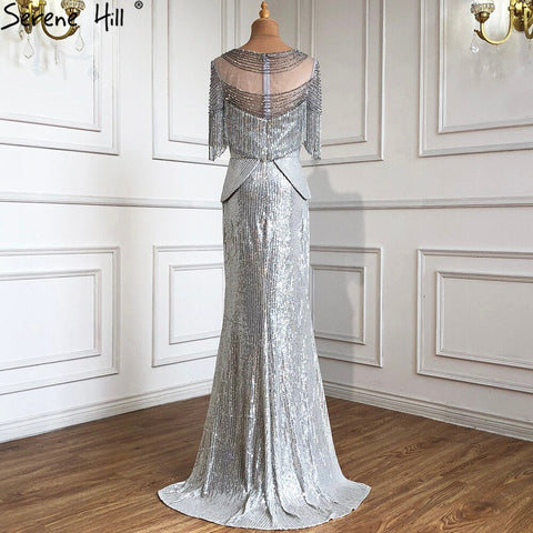 Sale Luxury Silver Mermaid Evening Dresses Gowns 2025 Elegant Half Sleeves Beading Tassel For Women Party LA71017
