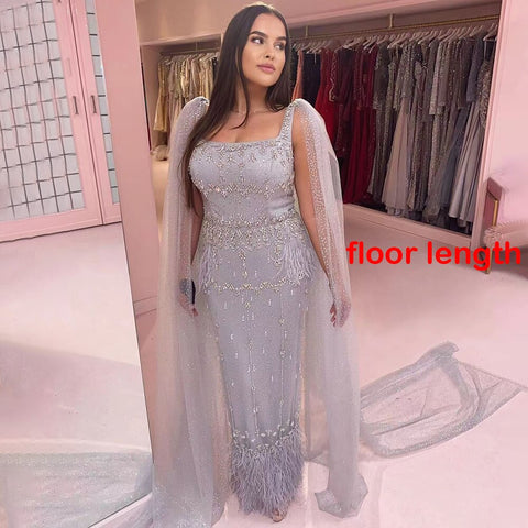 Bling Gray Mermaid Arabic Evening Dress with Cape LA71492