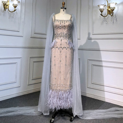 Bling Gray Mermaid Arabic Evening Dress with Cape LA71492