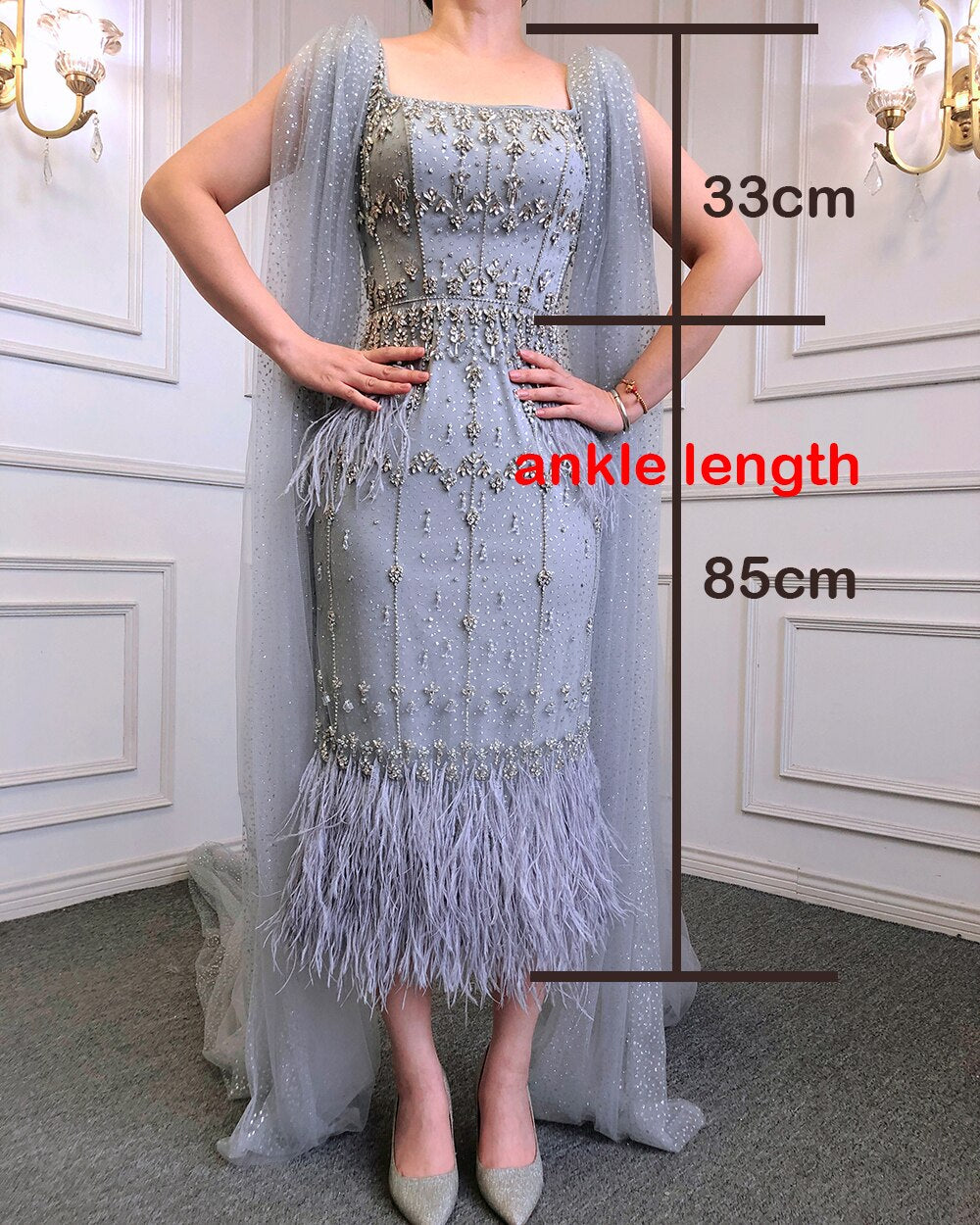 Bling Gray Mermaid Arabic Evening Dress with Cape LA71492