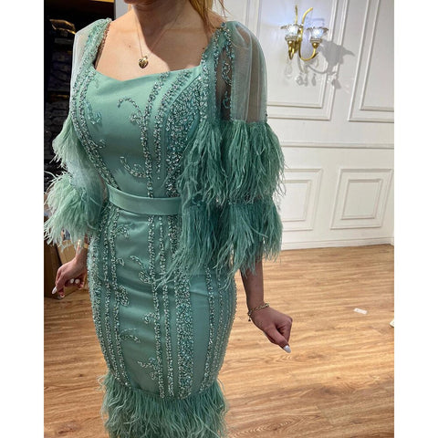 Luxury Turquoise Mermaid Evening Dresses Gowns 2025 Beaded Feather Elegant For Women Party LA71807