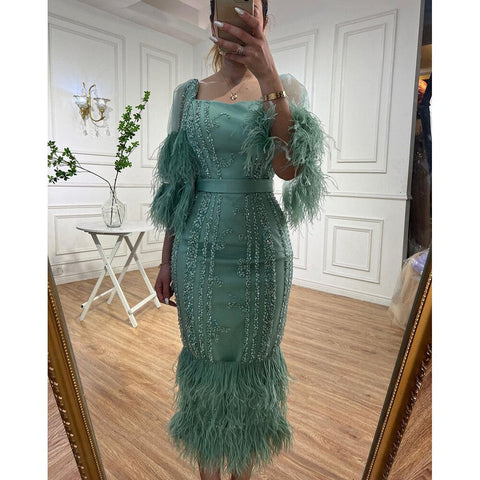 Luxury Turquoise Mermaid Evening Dresses Gowns 2025 Beaded Feather Elegant For Women Party LA71807