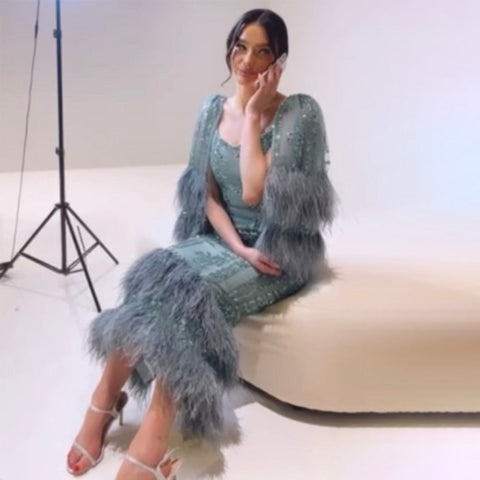 Luxury Turquoise Mermaid Evening Dresses Gowns 2025 Beaded Feather Elegant For Women Party LA71807