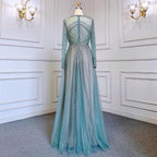 Luxury Turquoise Nude A-Line Evening Dresses Gowns Long Sleeves Beaded Elegant 2025 For Women Party LA71659