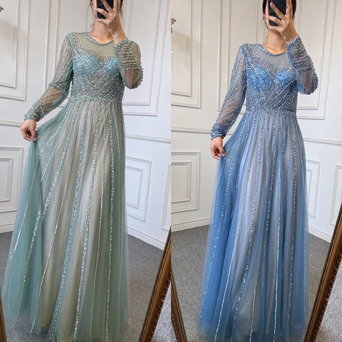 Luxury Turquoise Nude A-Line Evening Dresses Gowns Long Sleeves Beaded Elegant 2025 For Women Party LA71659
