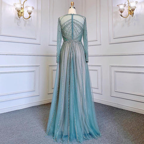 Luxury Turquoise Nude A-Line Evening Dresses Gowns Long Sleeves Beaded Elegant 2025 For Women Party LA71659