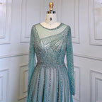 Luxury Turquoise Nude A-Line Evening Dresses Gowns Long Sleeves Beaded Elegant 2025 For Women Party LA71659