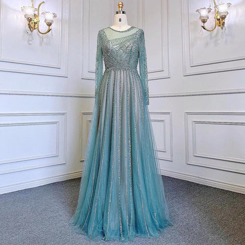 Luxury Turquoise Nude A-Line Evening Dresses Gowns Long Sleeves Beaded Elegant 2025 For Women Party LA71659