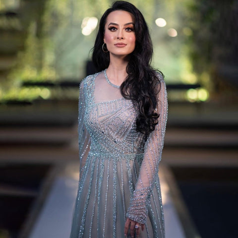 Luxury Turquoise Nude A-Line Evening Dresses Gowns Long Sleeves Beaded Elegant 2025 For Women Party LA71659