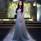 Luxury Turquoise nude A-Line Evening Dresses Gowns 2025 Long Sleeves Beaded Elegant For Women Party LA71659