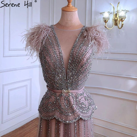 Meat Pink Luxury Evening Dresses Gowns 2025 Beading Feathers A-Line For Women Party LA70929
