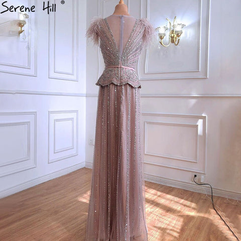Meat Pink Luxury Evening Dresses Gowns 2025 Beading Feathers A-Line For Women Party LA70929
