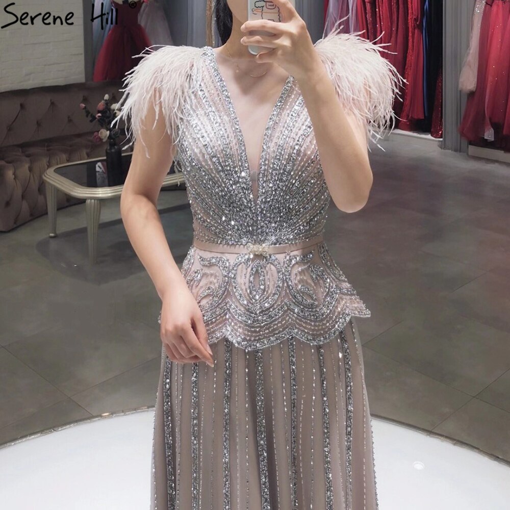 Meat Pink Luxury Evening Dresses Gowns 2025 Beading Feathers A-Line For Women Party LA70929