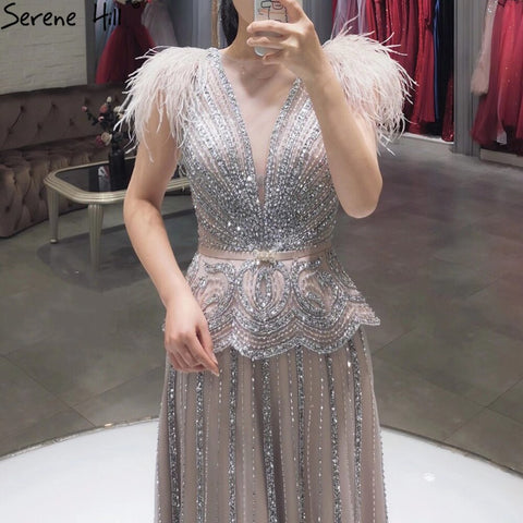 Meat Pink Luxury Evening Dresses Gowns 2025 Beading Feathers A-Line For Women Party LA70929