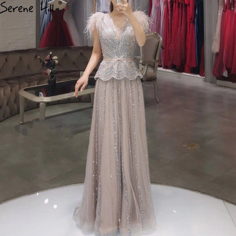 Meat Pink Luxury Evening Dresses Gowns 2025 Beading Feathers A-Line For Women Party LA70929