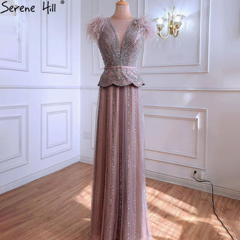 Meat Pink Luxury Evening Dresses Gowns 2025 Beading Feathers A-Line For Women Party LA70929
