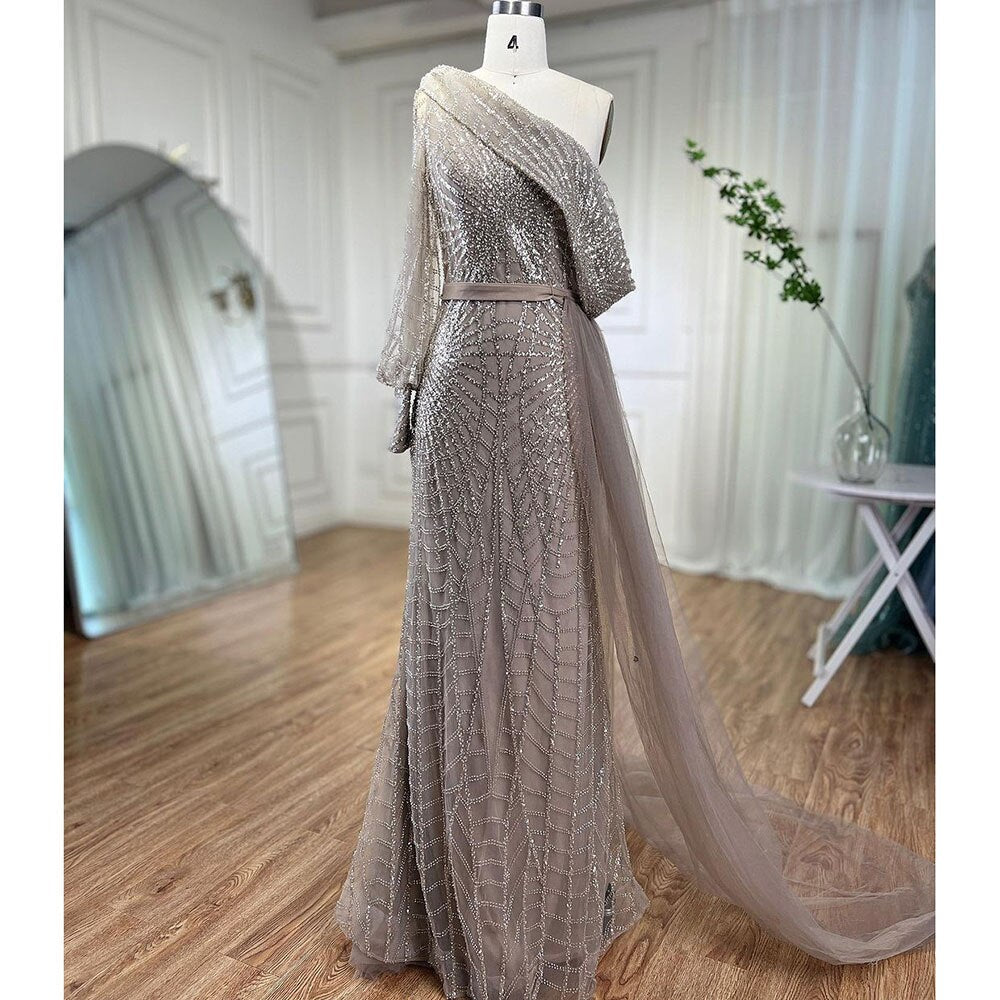 Mermaid Caramel One Shoulder Overskirt Beaded Luxury Evening Dresses Gowns 2025 For Women Wedding Party LA72128