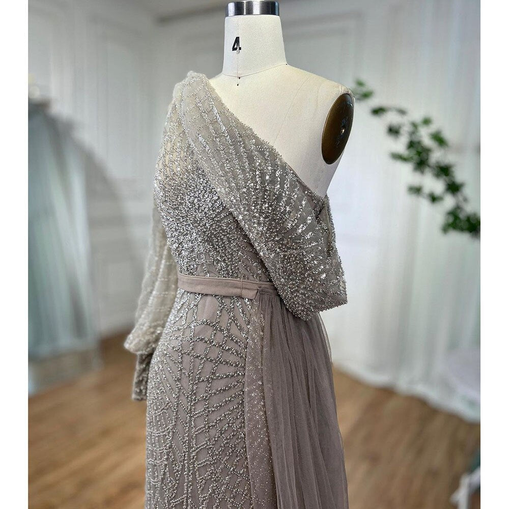 Mermaid Caramel One Shoulder Overskirt Beaded Luxury Evening Dresses Gowns 2025 For Women Wedding Party LA72128