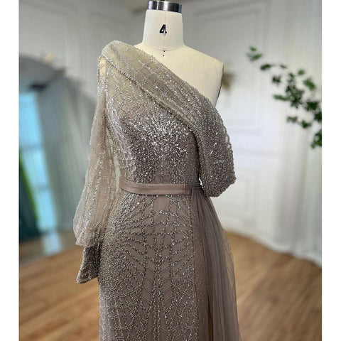 Mermaid Caramel One Shoulder Overskirt Beaded Luxury Evening Dresses Gowns 2025 For Women Wedding Party LA72128