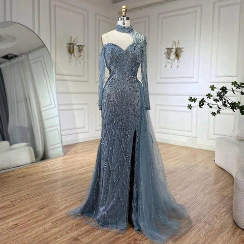 Mermaid Elegant High Split Beaded Blue Evening Dresses For Women Wedding Party 2025 Arabic Prom Formal Gowns LA71856