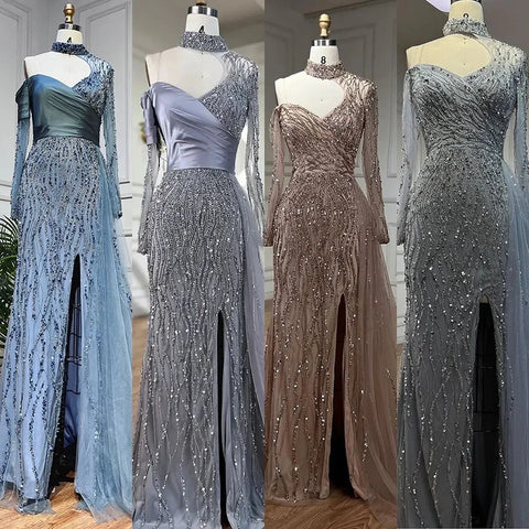 Mermaid Elegant High Split Beaded Blue Evening Dresses For Women Wedding Party 2025 Arabic Prom Formal Gowns LA71856
