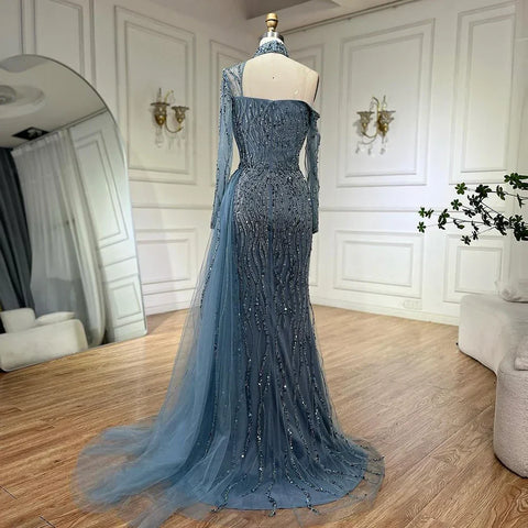 Mermaid Elegant High Split Beaded Blue Evening Dresses For Women Wedding Party 2025 Arabic Prom Formal Gowns LA71856