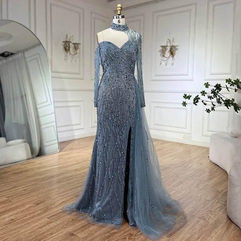 Mermaid Elegant High Split Beaded Blue Evening Dresses For Women Wedding Party 2025 Arabic Prom Formal Gowns LA71856