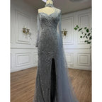 Mermaid Elegant High Split Beaded Blue Evening Dresses For Women Wedding Party 2025 Arabic Prom Formal Gowns LA71856