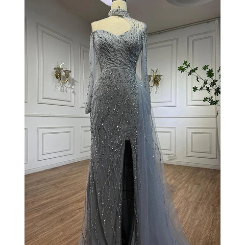Mermaid Elegant High Split Beaded Blue Evening Dresses For Women Wedding Party 2025 Arabic Prom Formal Gowns LA71856