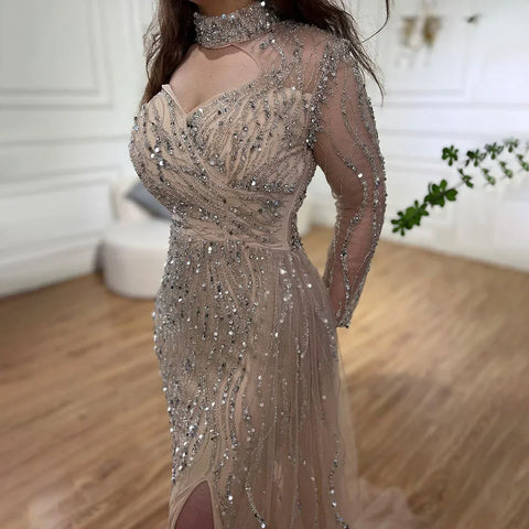 Mermaid Elegant High Split Beaded Blue Evening Dresses For Women Wedding Party 2025 Arabic Prom Formal Gowns LA71856