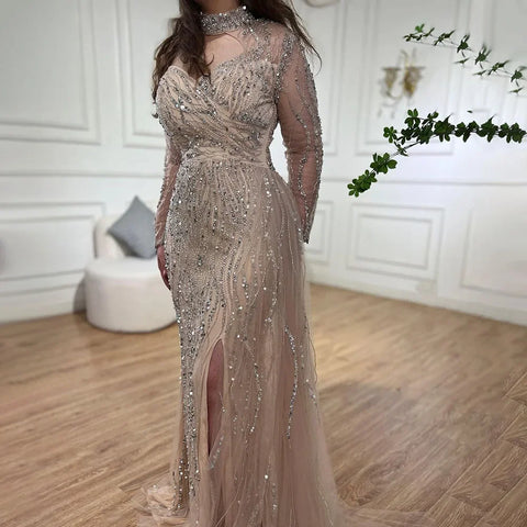 Mermaid Elegant High Split Beaded Blue Evening Dresses For Women Wedding Party 2025 Arabic Prom Formal Gowns LA71856