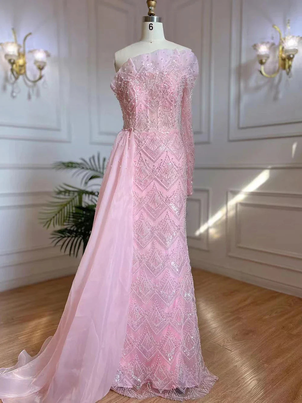 Luxury Pearls Designer One Shoulder  Evening Dresses Gowns LA71649