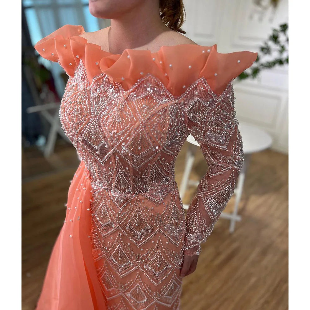 Luxury Pearls Designer One Shoulder  Evening Dresses Gowns LA71649
