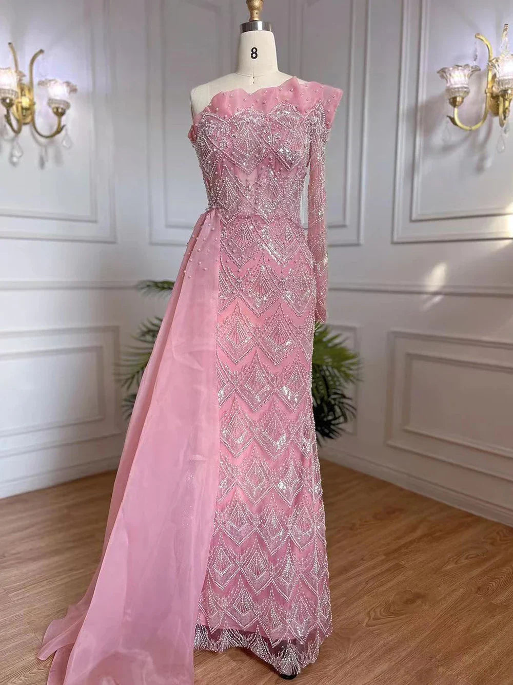 Luxury Pearls Designer One Shoulder  Evening Dresses Gowns LA71649