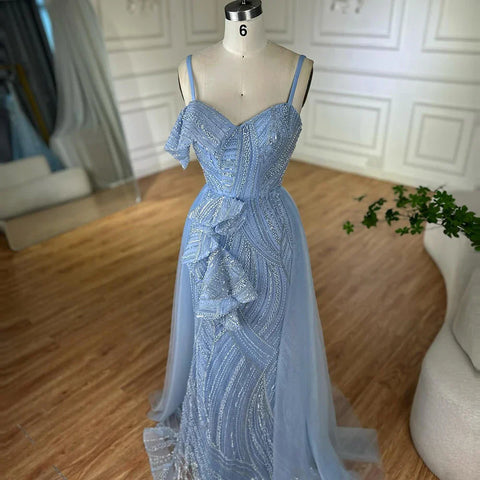Mermaid Evening Dress With Skirt  Light blue Beaded Spaghetti Strap For Formal Occasion 2025 LA72341A