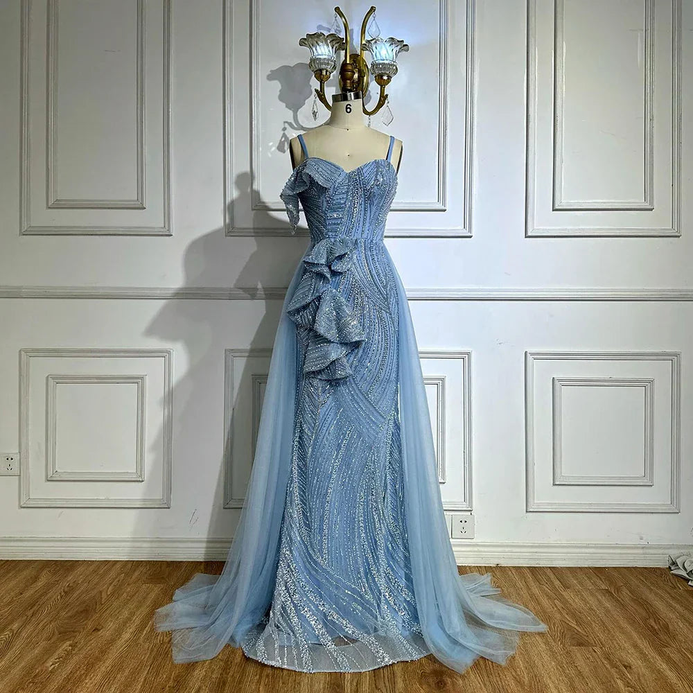 Mermaid Evening Dress With Skirt  Light blue Beaded Spaghetti Strap For Formal Occasion 2025 LA72341A