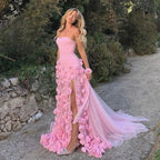 Elegant Evening Dress for Girls Arabic Pink 3D Flowers Elegant Srapless Dress Side Split Prom Party Gowns LA72568